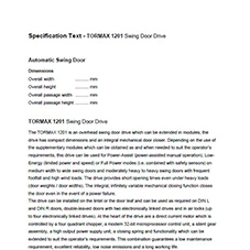 Technical specification – TORMAX 1201 swing door drive