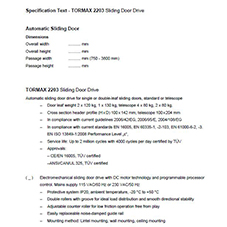 Technical specification TORMAX 2203 sliding door operator