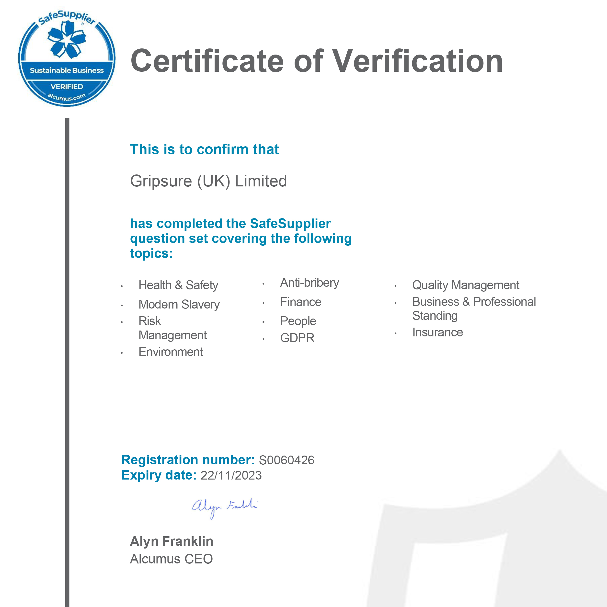 SafeSupplier Certificate