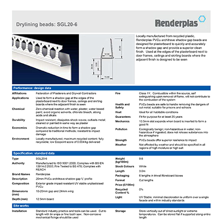 Renderplas Drylining beads: SGL20-6