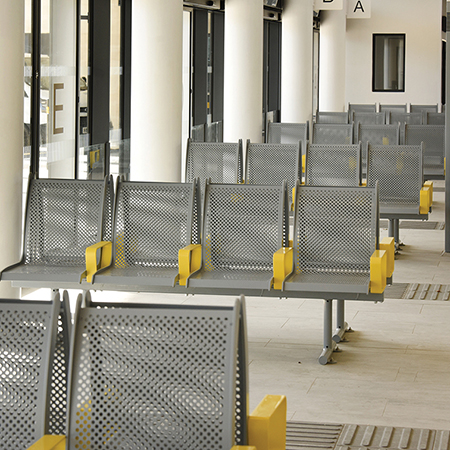 Unique Broxap seating and litter bins for airport-style transport hub