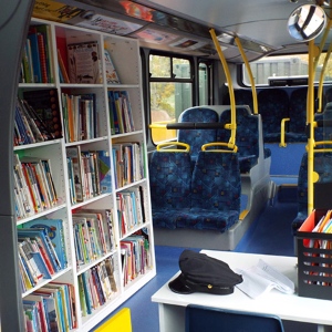Witley Jones created a dedicated library space from a double decker bus
