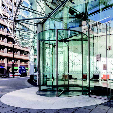 Bespoke fully glaze revolving doors have been installed at The Helicon