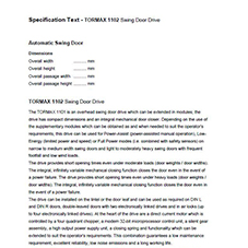 Technical specification – TORMAX 1102 swing door drive