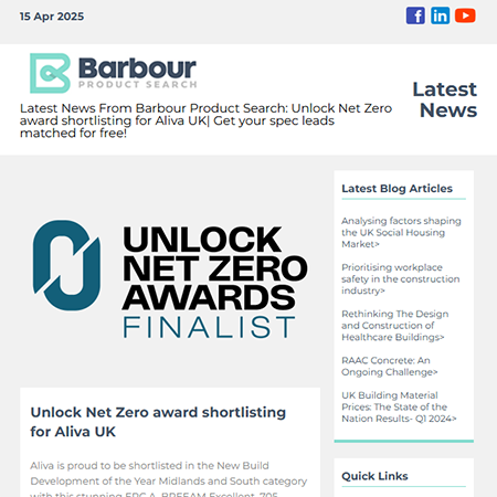 Latest News From Barbour Product Search: Unlock Net Zero award shortlisting for Aliva UK|  Get your spec leads matched for free!