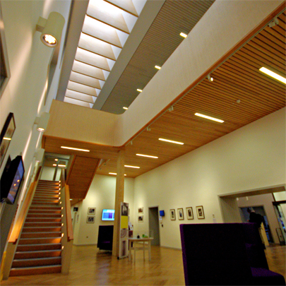 Hunter Douglas linear open wooden ceilings Edinburgh Centre for Carbon Innovation