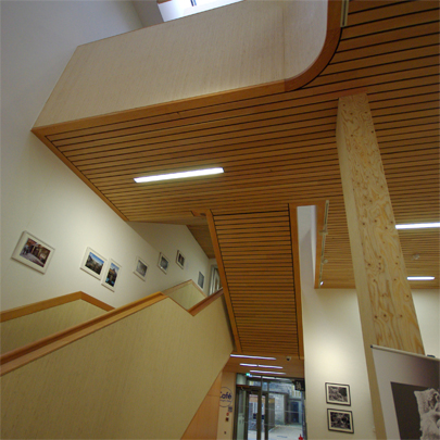 Hunter Douglas linear open wooden ceilings Edinburgh Centre for Carbon Innovation