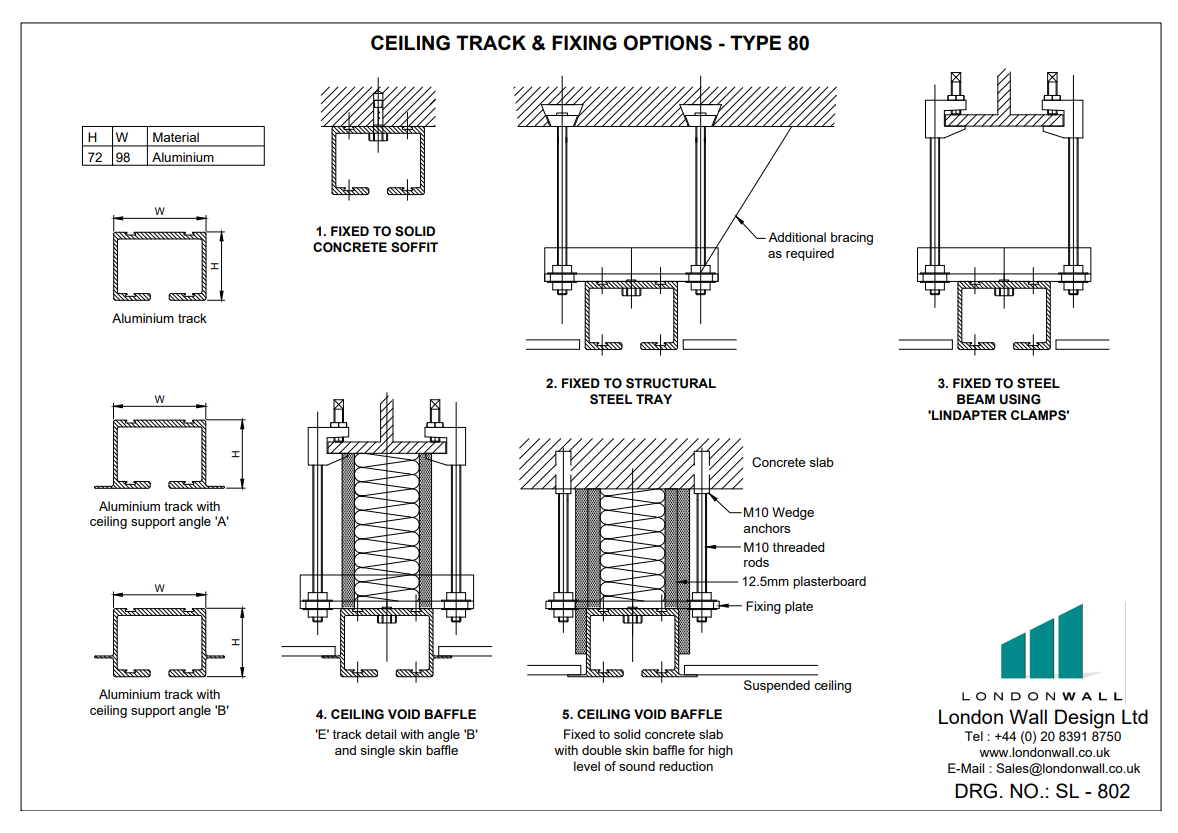 SL-802 Ceiling track and fixing options - Type 80-100