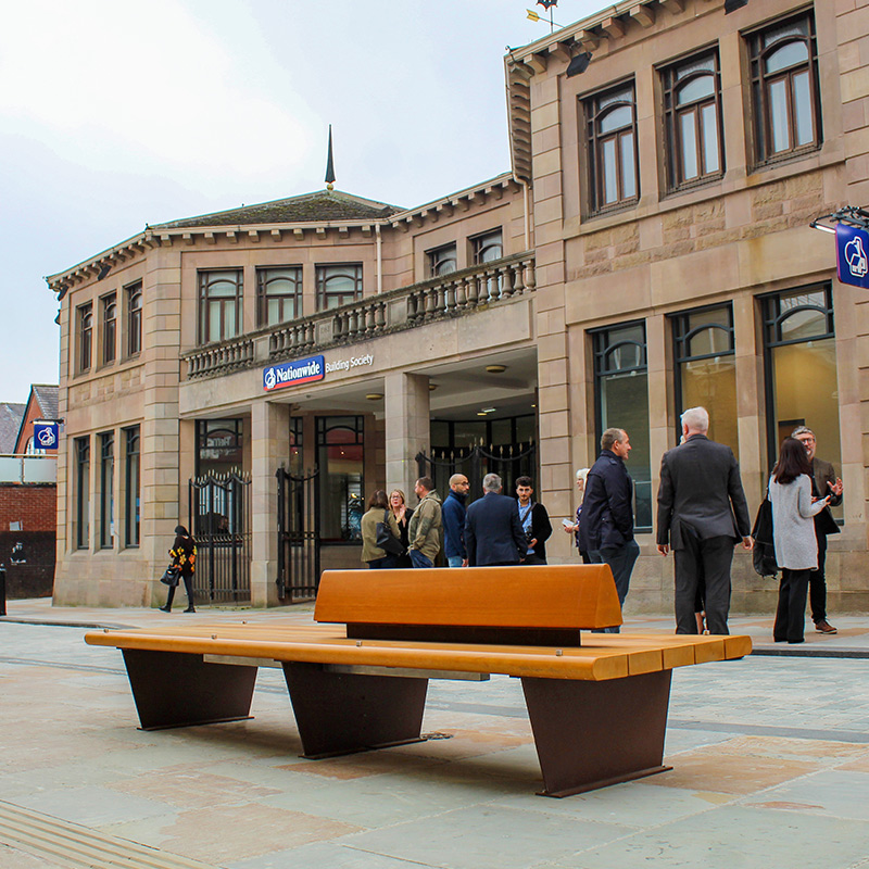 Artform Urban Furniture provide seating and cycle parking to Castle Street in Macclesfield