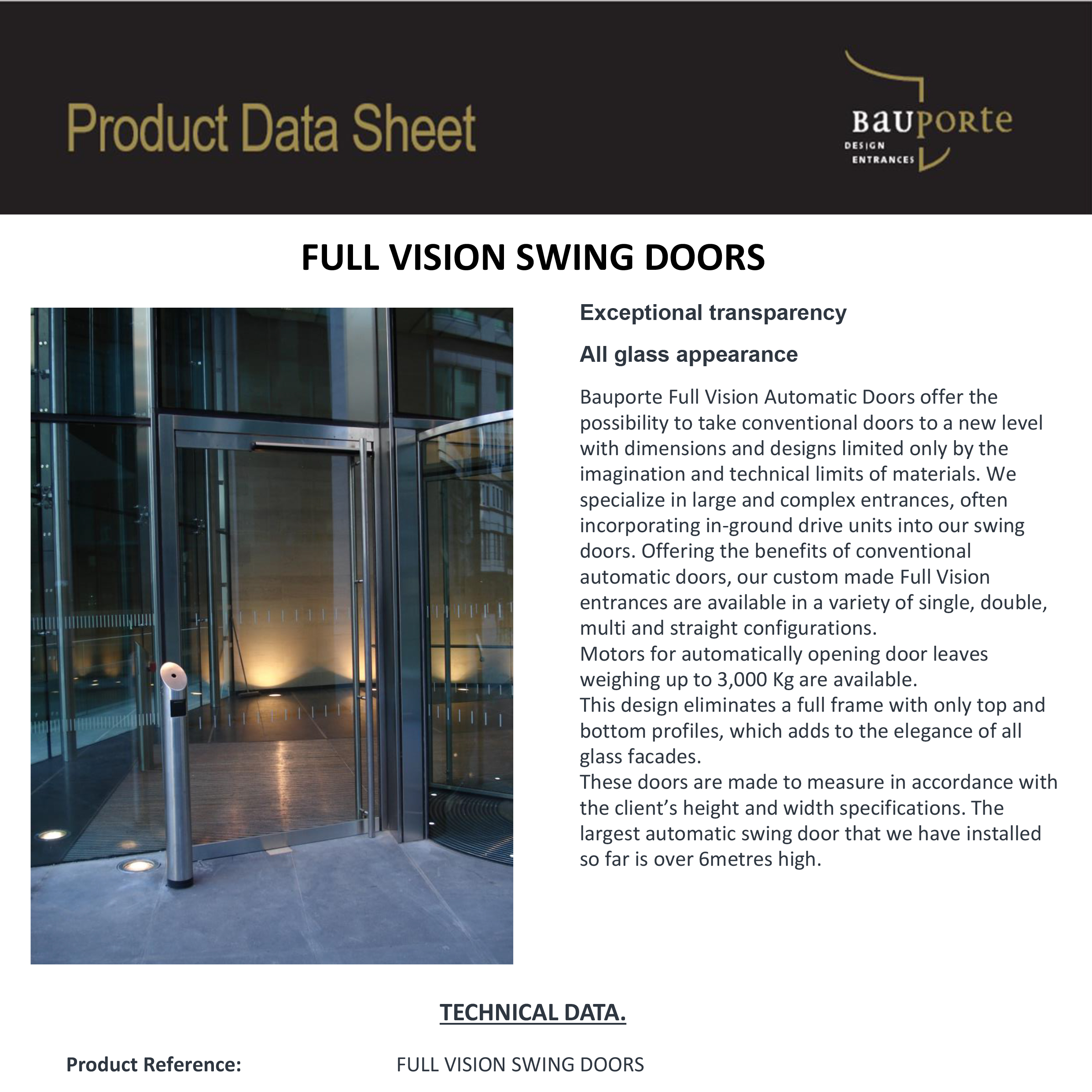 Full Vision Swing Doors Data Sheet