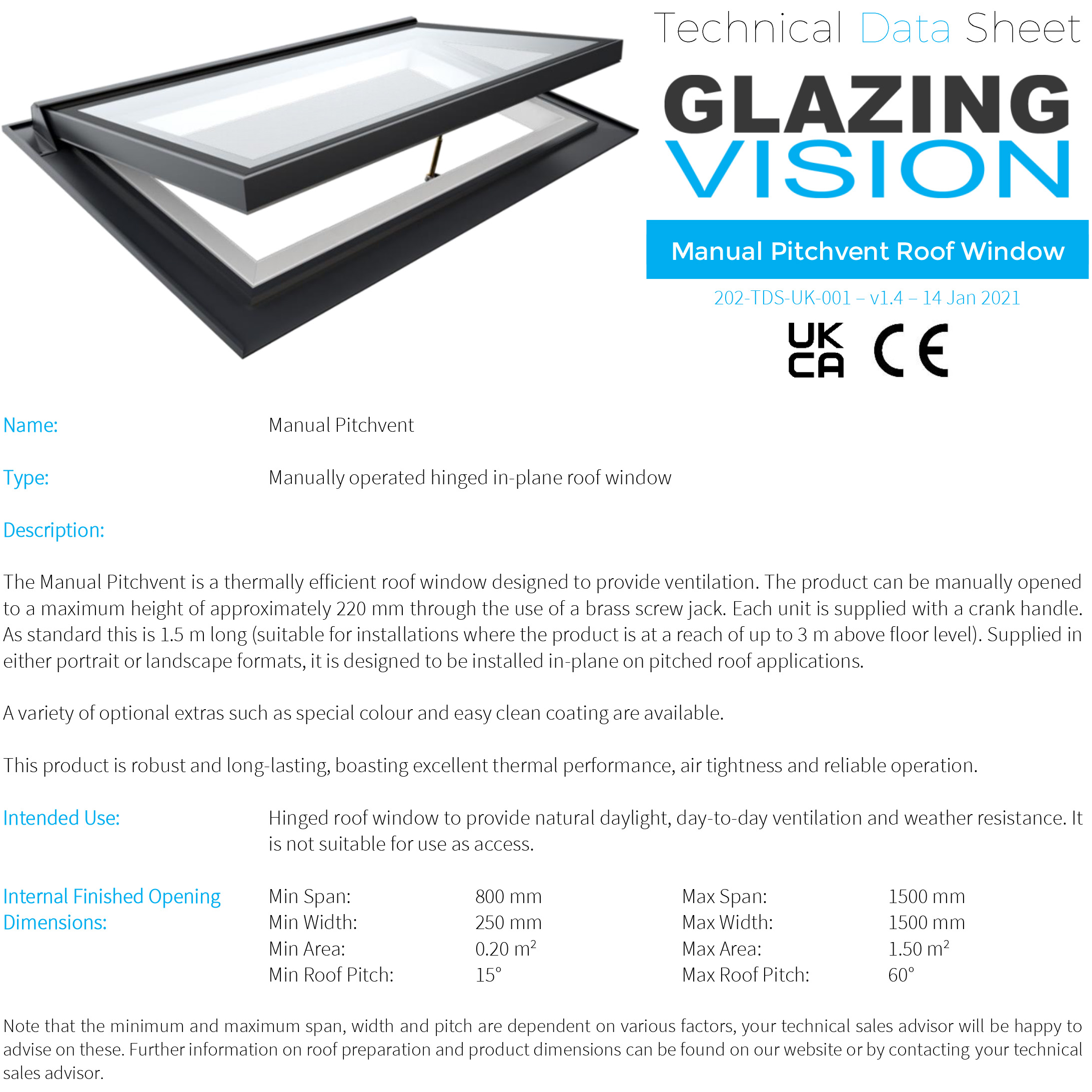 Manual Pitchvent Roof Window Tech Data