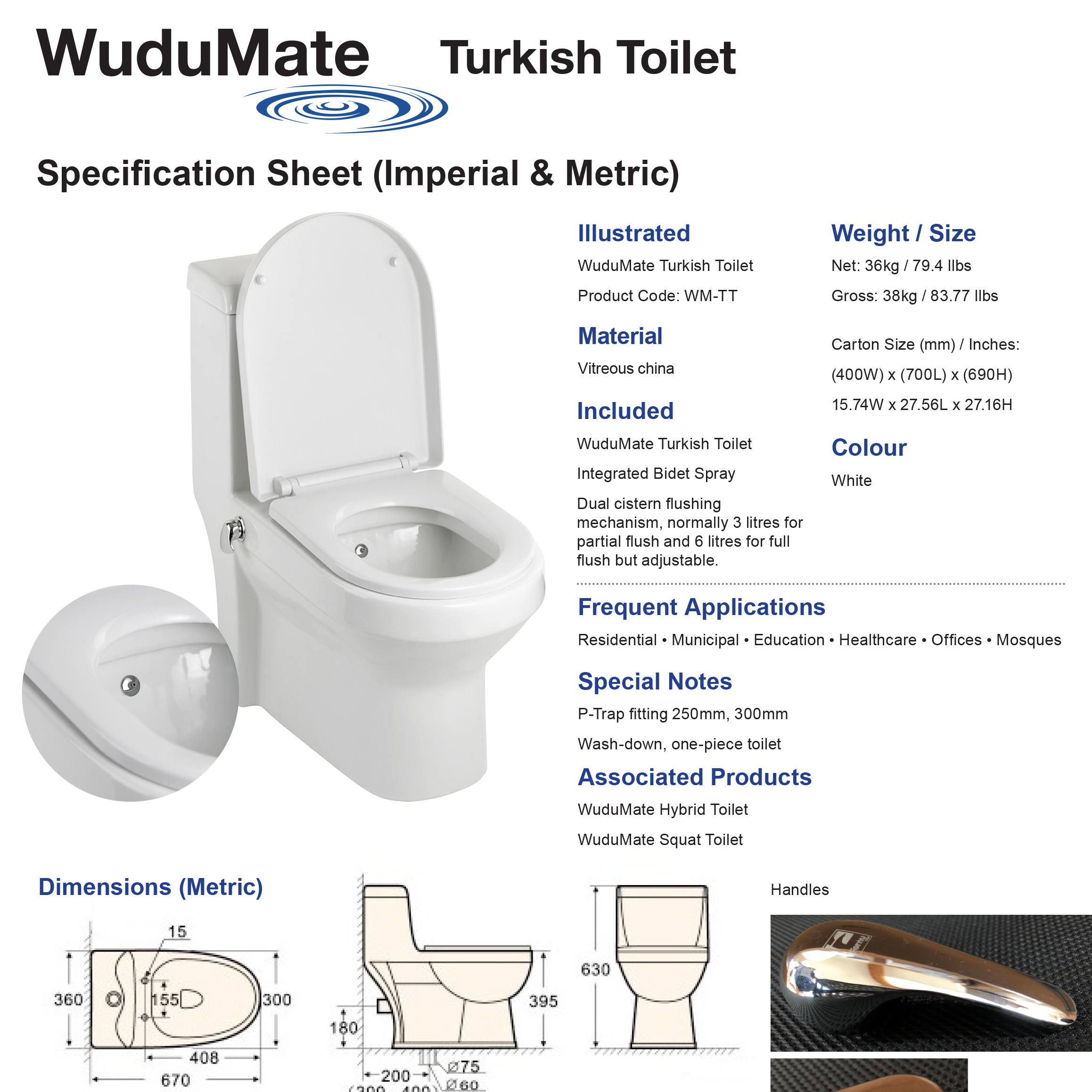 Turkish Style Toilet with Integral Bidet Spray Spec Sheet