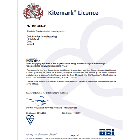 Certificate: BS EN 1401-1 (KM563461)