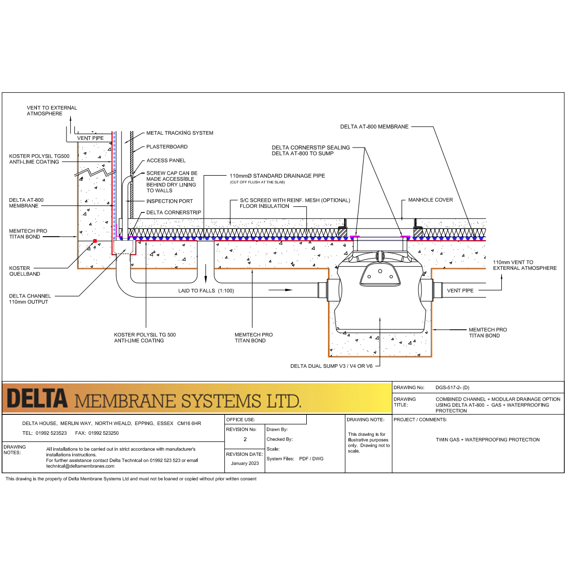 Combined Channel + Modular Drainage Option Using Delta AT 800 (Gas & Waterproofing Protection)