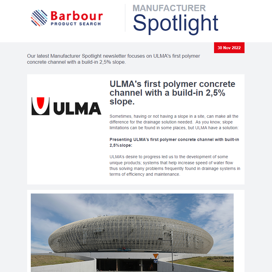 Manufacturer Spotlight |	 ULMA's first polymer concrete channel with a build-in 2,5% slope.