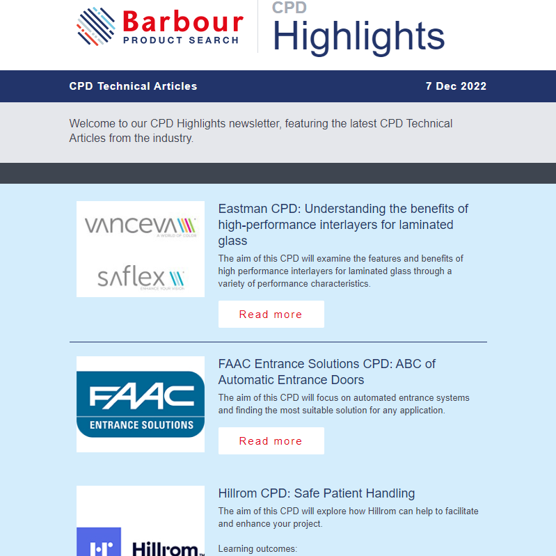Welcome to our CPD Highlights newsletter, featuring the latest CPD Technical Articles from the industry.