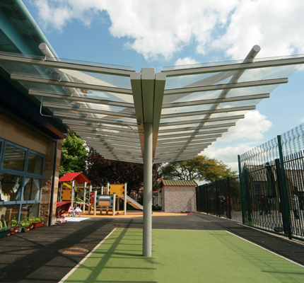 Gullwing shelter in playground of Margaret Macmillan Children's Centre