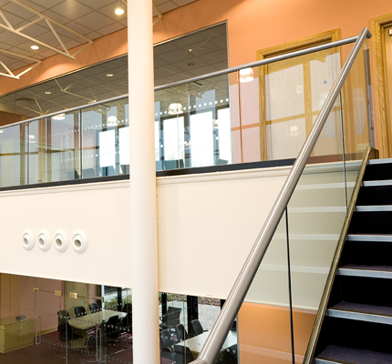 Structural glass infill balustrade to boardroom balcony