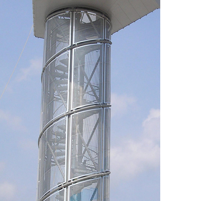 Self-coloured perforated aluminium cladding panels to observation tower