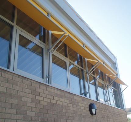 Partially-open external awning systems at the Star of the Sea School, Whitley Bay
