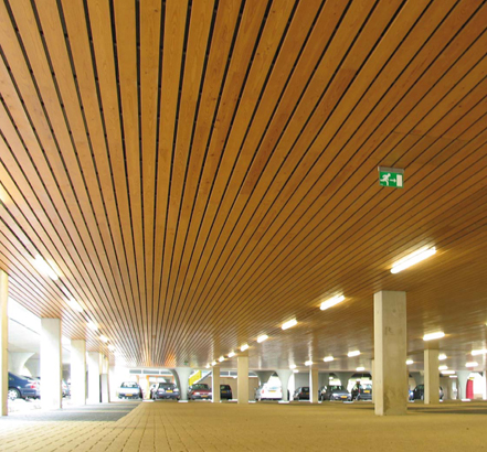 Wood ceiling range, car park application