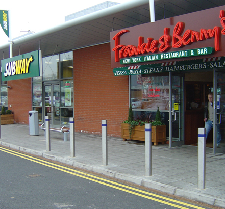 The bollards positioned along the front line of all the shops provided pedestrian security and acted as a ram raid deterant