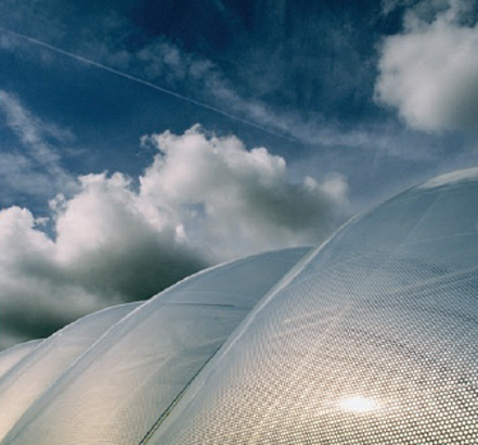 The use of ETFE as a large panel roofing material brings natural light to the space below, offering visitors an open air feeling