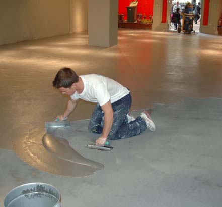 Mapefloor I 300 SL/TRP was mixed with Mapecolor Paste in Silver and applied over the entire floor area by trowel