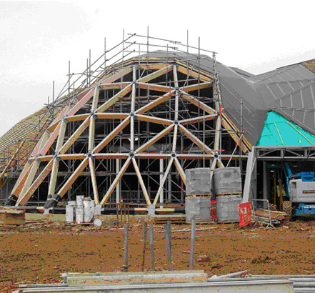 The entrance Pod showing membrane and profile, prior to being finished with glass and aluminium