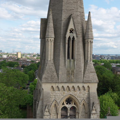 Overdrones survey on a church in North London
