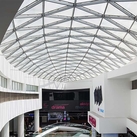 Large skylights illuminate shopping mall