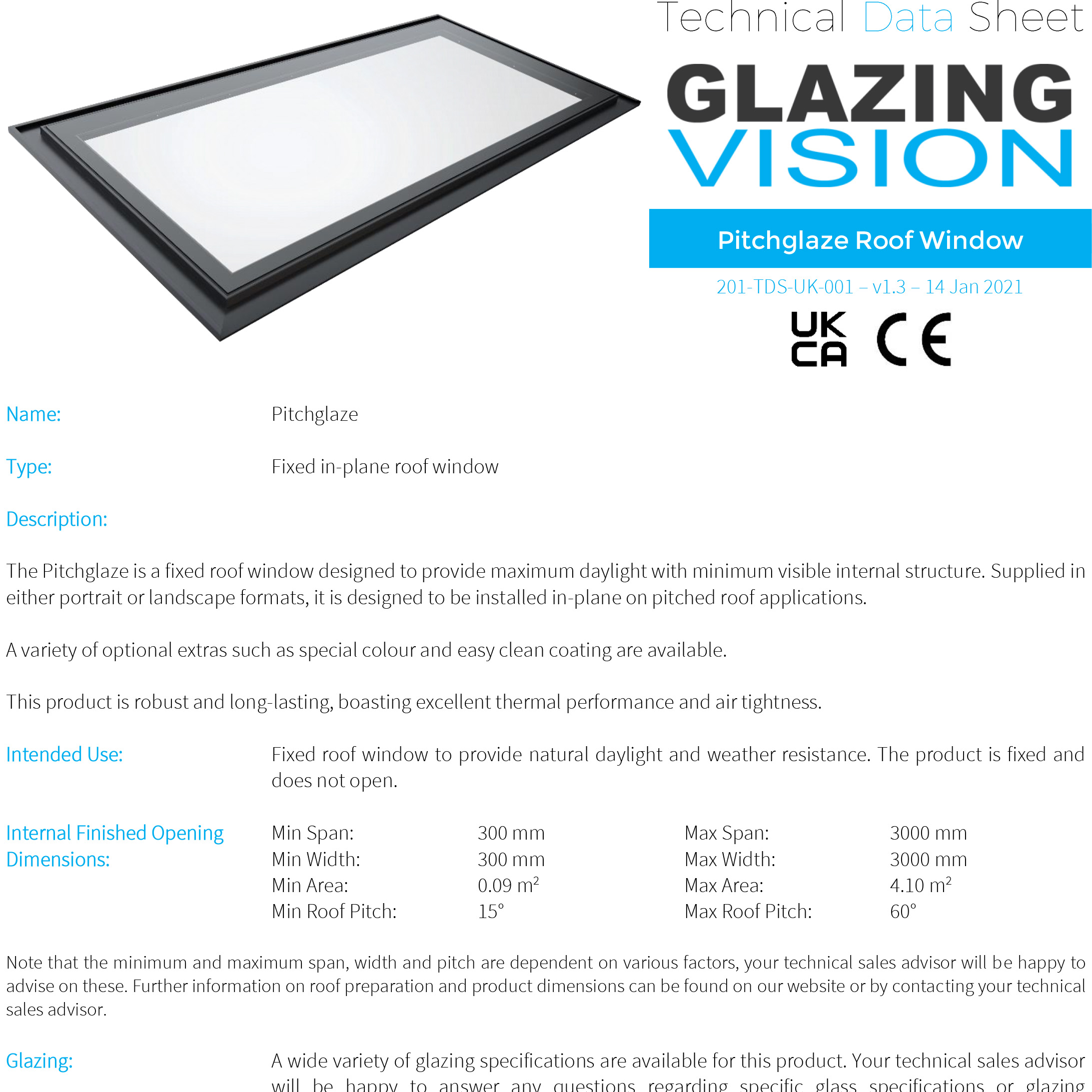 Pitchglaze Fixed Roof Window Tech Data