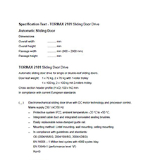 Technical specification TORMAX 2101 sliding door drive