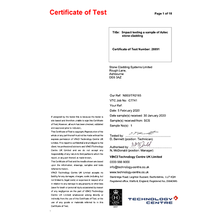 Impact testing a sample of Aztec stone cladding