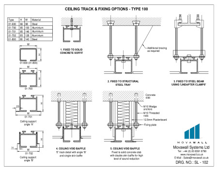 SL-102 Ceiling track and fixing options - Type 100